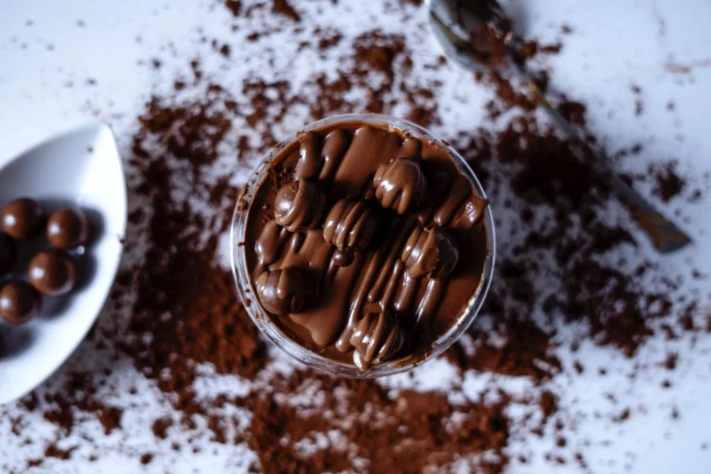 Food photography of a chocolate mousse dessert styled for a Dubai brand